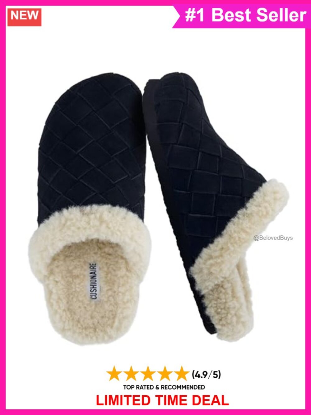 Woven Suede Mule Slippers Faux Fur Lined Memory Foam Indoor Outdoor